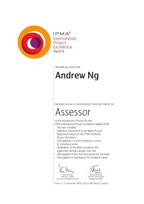 A Ng 2008 Ipma World Award Assessor Panel Member Certificate