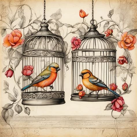 Vintage Bird And Cages Art Print Free Stock Photo - Public Domain Pictures