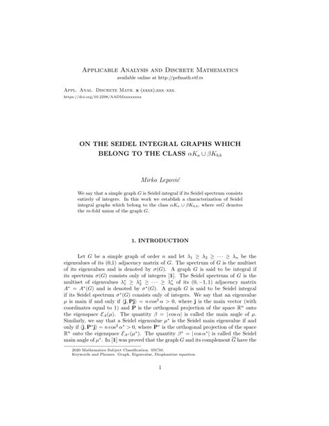 (PDF) On the Seidel integral graphs which belong to the class αKa ∪ βKb,b