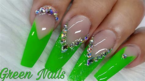 Coffin Neon Green Acrylic Nails With Glitter - Mundodop