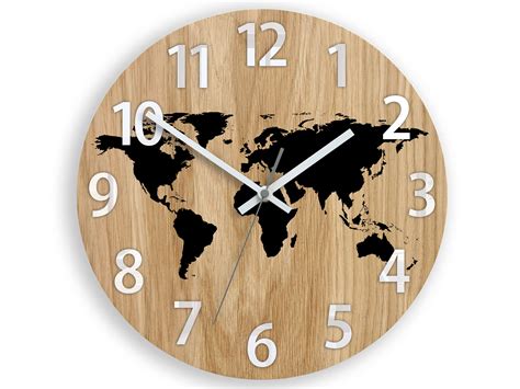 Wall clock wood - World Map, Black Silent Modern clock with numbers 33,5cm / 13,19 Oak clock