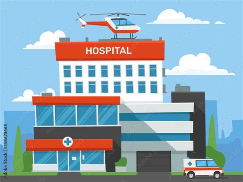 Cartoon hospital building. Emergency clinic, urgent medical help helicopter and ambulance car ...