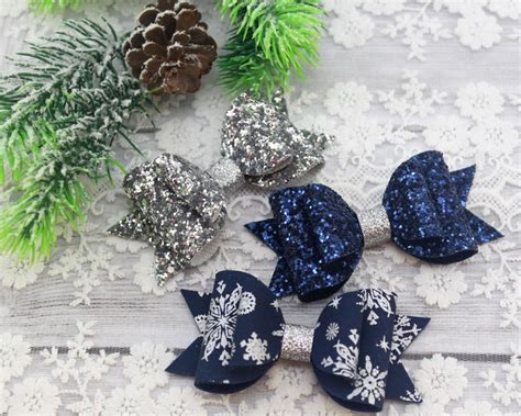 Christmas hair bows set/Girls glitter hair bow/Blue glitter | Etsy