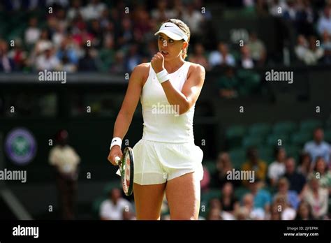 Paula Badosa reacts during day six of the 2022 Wimbledon Championships ...