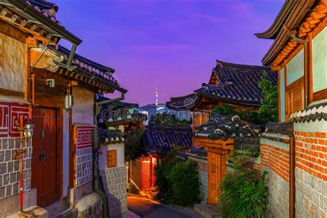 The Atmosphere at Night of Bukchon Hanok Village,South Korea. Stock Photo - Image of ancient ...