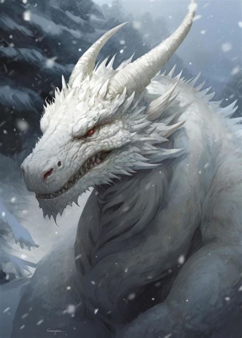 a white dragon walking in the snow, in the style of otherworldly illustrations, gigantic scale ...