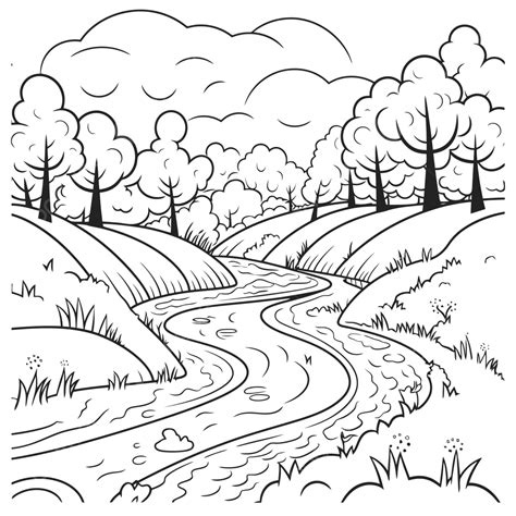 The River In An Open Countryside And Flowers Coloring Pages Outline Sketch Drawing Vector ...