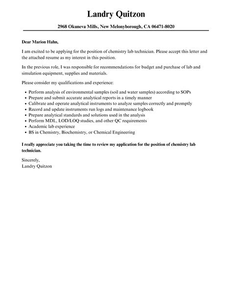 Chemistry Lab Technician Cover Letter | Velvet Jobs