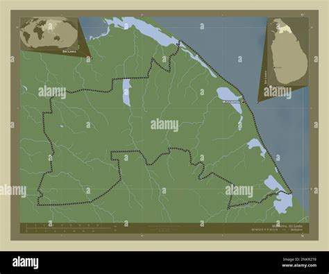 Mullaitivu, district of Sri Lanka. Elevation map colored in wiki style with lakes and rivers ...