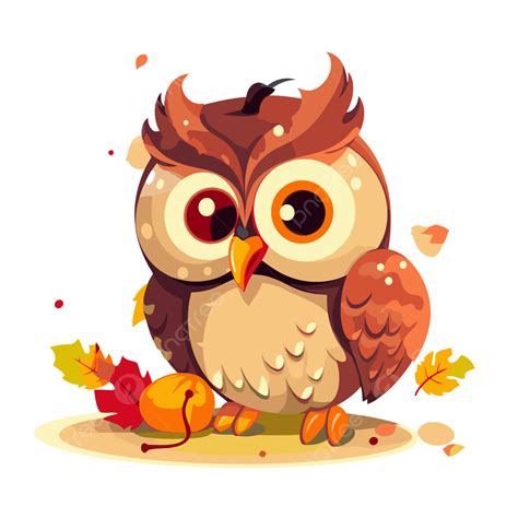 Thanksgiving Owl Vector, Sticker Clipart Image Of Cute Cute Cartoon Owl With Autumn Leaves ...