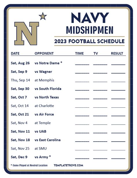 Printable 2023 Navy Midshipmen Football Schedule