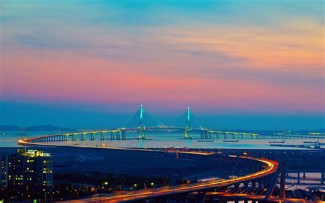 Download wallpapers Incheon, sunset, Incheon bridge, skyline, Korea for ...