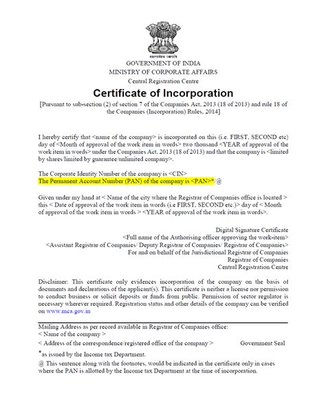 Specimen of Certificate of Incorporation of Company in India