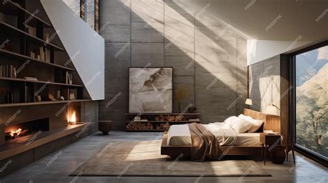 Premium AI Image | Luxurious Bedroom With Stone Fireplace And Bookshelf