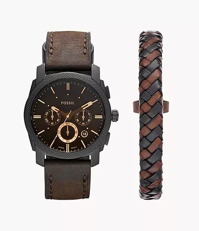 Machine Chronograph Dark Brown Leather Watch and Bracelet Box Set - FS5251SET - Fossil