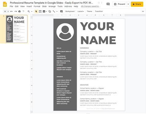Professional Resume Template in Google Slides - Easily Export to PDF, WORD, DOC, PPTX, ODP ...