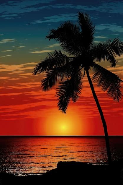 Premium AI Image | Silhouette of palm tree on the beach at sunset Vector illustration