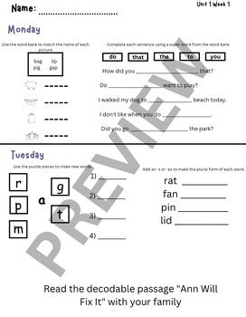 2nd Grade Magnetic Reading Foundations Homework Unit 1 Week 1 by Hannah Onek