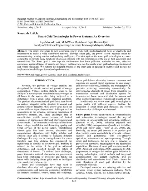 (PDF) Smart Grid Technologies in Power Systems: An Overview