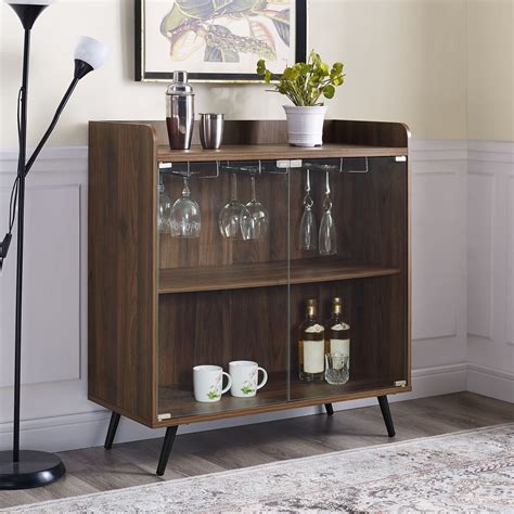 36 Inch Mid Century Modern Bar Cabinet - Dark Walnut at Futonland