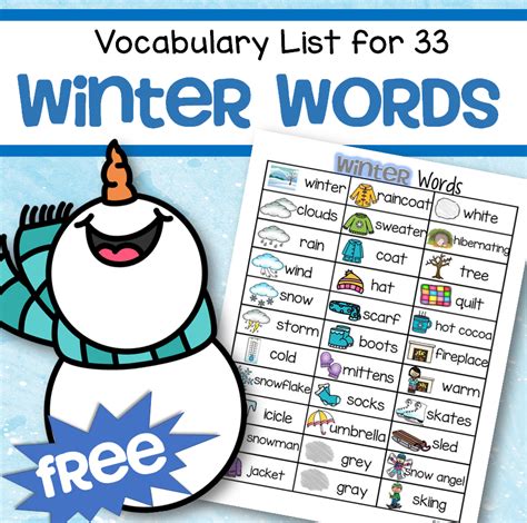 WINTER Vocabulary List 32 Words and Pictures FREE