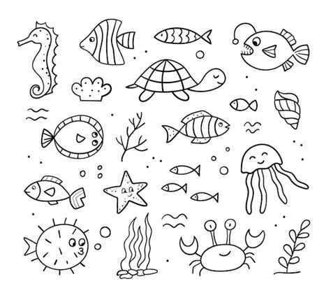 Premium Vector | Set with cute sea animals. Doodle sketch. Ocean life. Vector linear illustration.