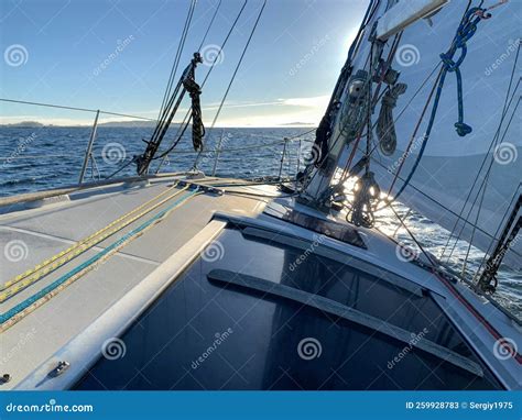 Sea View from the Deck of a White Sailing Yacht, Cruise Travel Concept ...