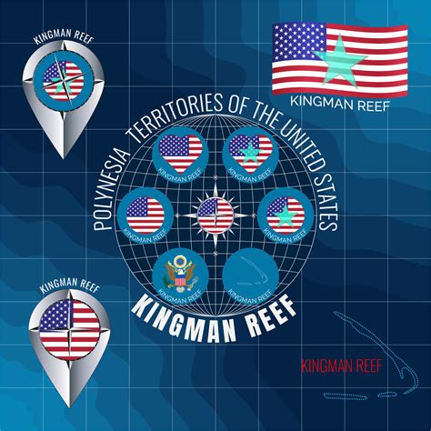 Set of vector illustrations of KINGMAN REEF flag, outline map, coat of arms, icons. US ...