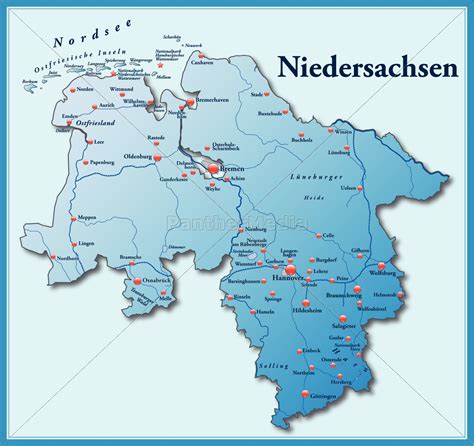 Karte von Niedersachsen als Übersichtskarte in Blau - Lizenzfreies Bild ...