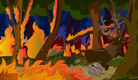 animals escaping from wildfire and wildfire background.vector ...