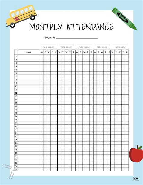 Free Monthly Attendance Sheet Printable