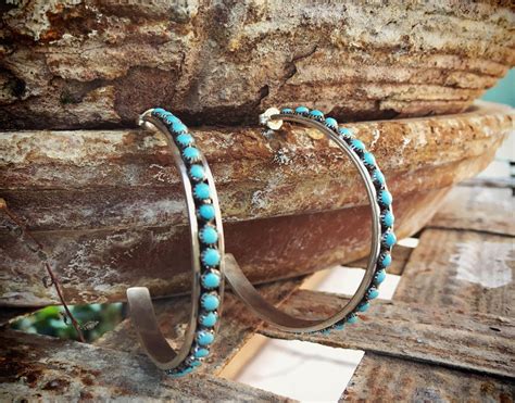 Silver Turquoise Hoop Earrings Native American Indian Jewelry Signed Zuni Earrings