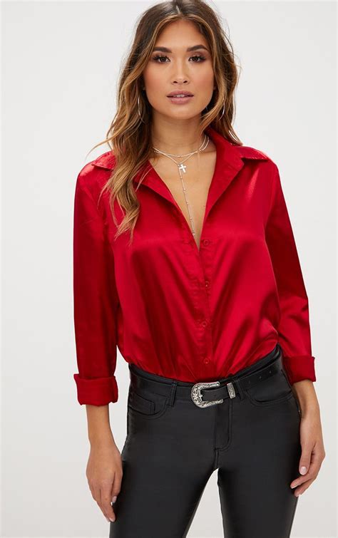 Red Satin Button Front Shirt | Tops | PrettyLittleThing | Satin blouse shirts, Womens shirts ...