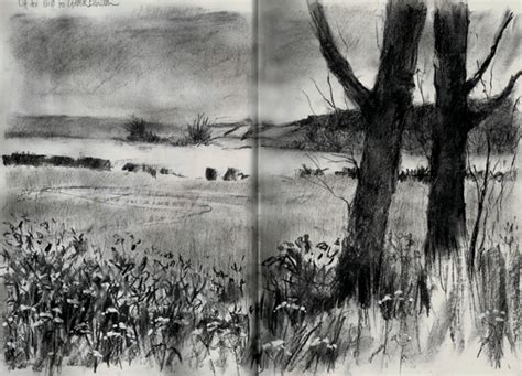 Charcoal landscape sketch:Across the fields, in a Stillman and Birn ...