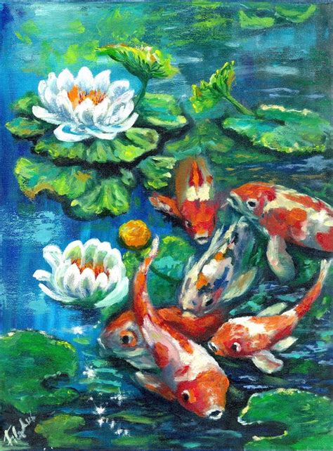 Koi Fish In A Pond Painting by Viktoriya Filipchenko | Saatchi Art