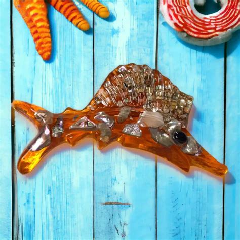 VTG ORANGE LUCITE Abalone Shell Marlin/Swordfish Mid-Century Modern Wall Hanging $27.00 - PicClick