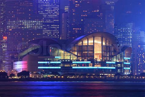 Hong Kong Convention and Exhibition Centre illuminated at night | Stock ...