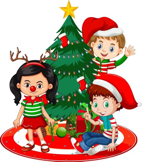 Los niños usan traje de Navidad personaje de dibujos animados con árbol de Navidad sobre fondo ...