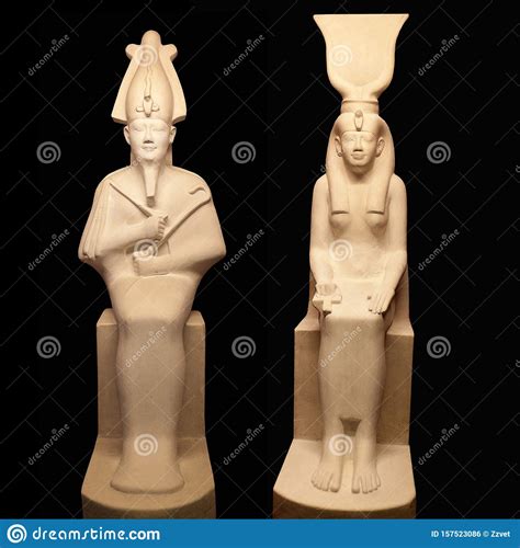 Statues of Egyptian Gods Osiris and Isis on Black Background Stock ...