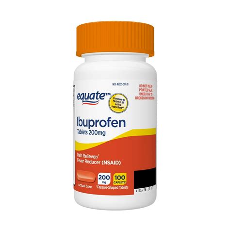 Equate Ibuprofen Tablets, 200 mg, Pain Reliever and Fever Reducer, 100 Count (Capsule-Shaped ...