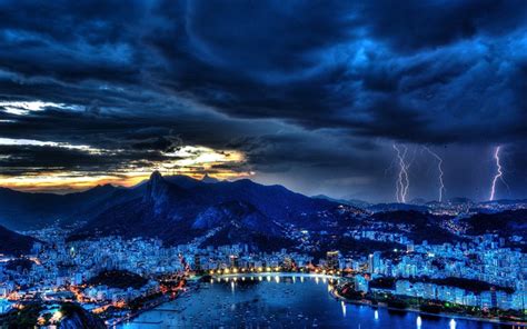 Download wallpapers Rio de Janeiro, night, lightning, storm, harbor, Brazil for desktop free ...