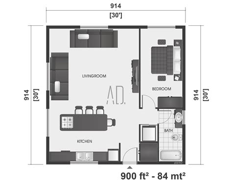 30x30 House Plan, Small Home Plan, 1 Bedroom 1 Bath Floor Plan, Tiny House - Etsy UK