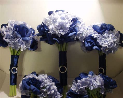 Custom Navy Rose and Blue Hydrangea Bouquets by by SilkNLights