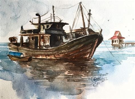 Boat painting Fishing Boat Watercolors Paintings by TheJoeyStudio