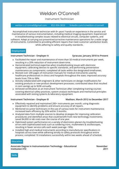 Instrument Technician Resume (CV) Example and Writing Guide