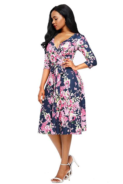 Papaya Wear Women Wrap Floral Party Dress Mid-Sleeve Blossom Dresses ...