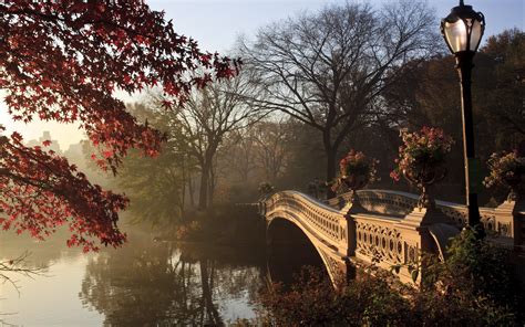 new, Lamppost, Central Park, bridge, Lake, Nature, autumn tree, New ...