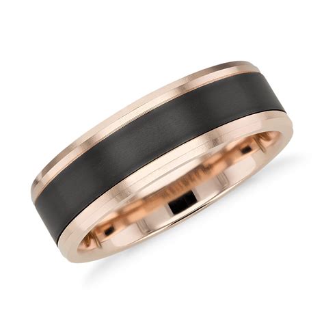 Satin Finish Wedding Ring in Black Titanium and 14k Rose Gold (7mm ...