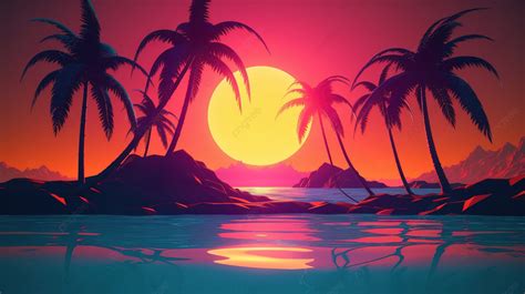 Island Paradise At Sunset 3d Palm Trees Neon Sun And Synthwave Vibes ...