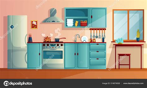 Interior de la cocina witn muebles ilustración vector de dibujos animados. Cocina casera con ...